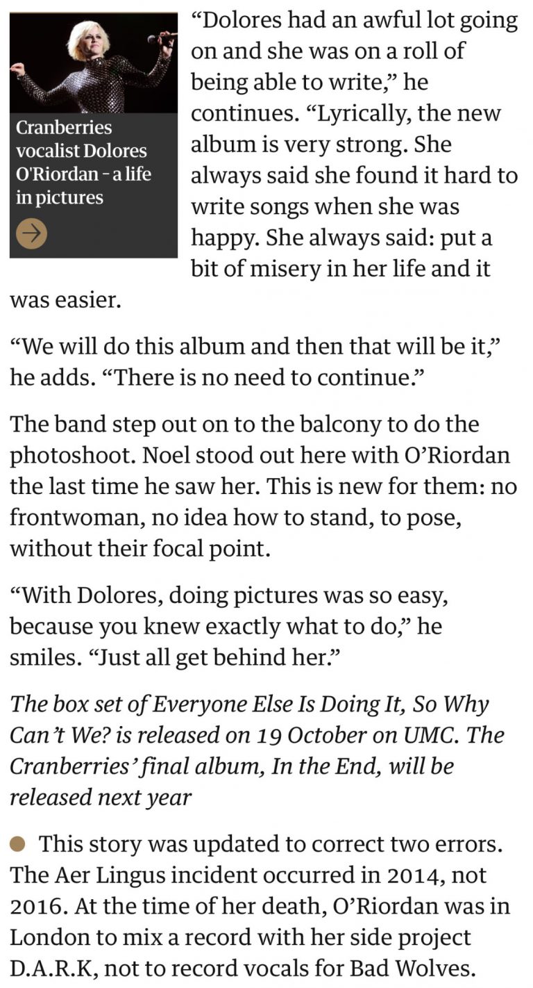 “IN THE END” The Cranberries’ final album title amended by The Guardian