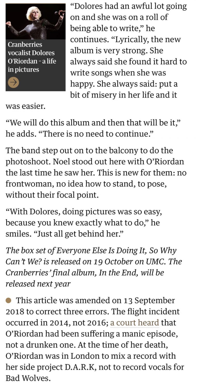“IN THE END” The Cranberries’ final album title amended by The Guardian